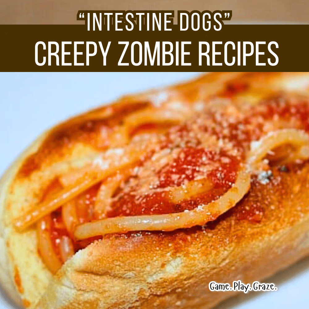 Easy Zombie Recipes Easy Zombie Recipes - text over image of Spaghetti in Hot Dog Bun recipe aka Intestine Dogs a fun party recipes for Creepy foods or Horror snack ideas for Zombie party or zombie games night