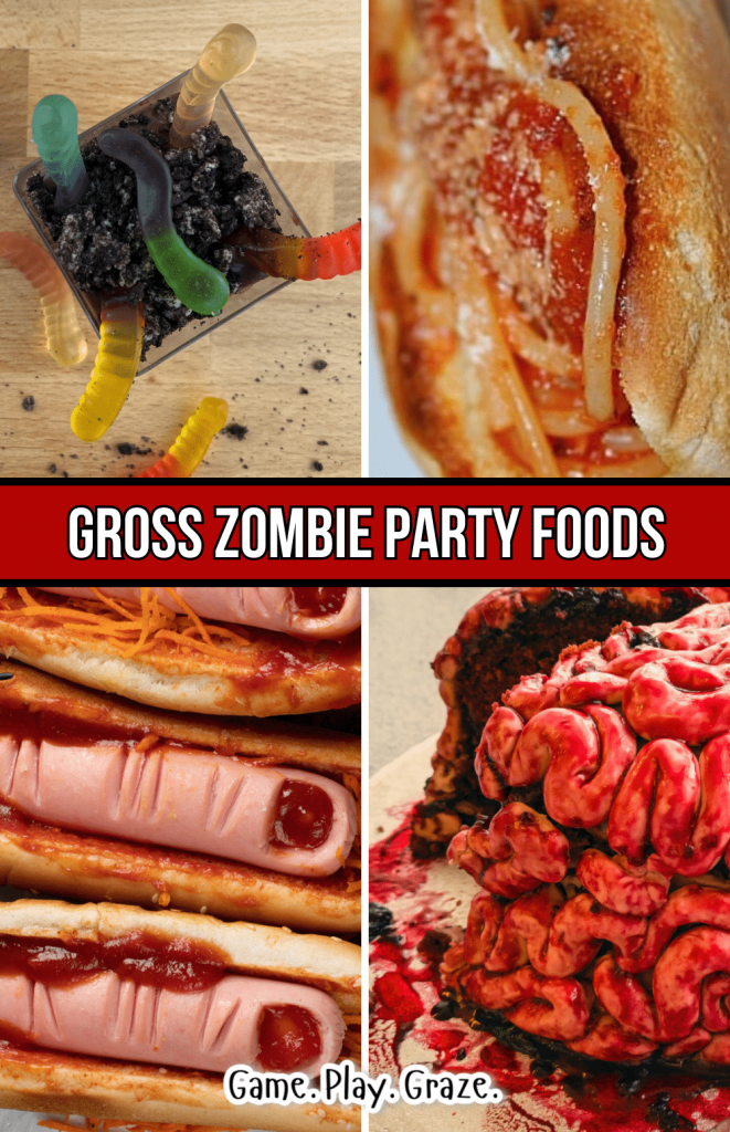 Scary Food Ideas for Zombie Theme Party Scary Food Ideas for Zombie Theme Party - ZOMBIE PARTY RECIPES like cemetery worms in dirt, intestines in a hotdog bun (spaghetti in a hot dog bun), severed hot dog fingers and bloody brain cake zombies foods