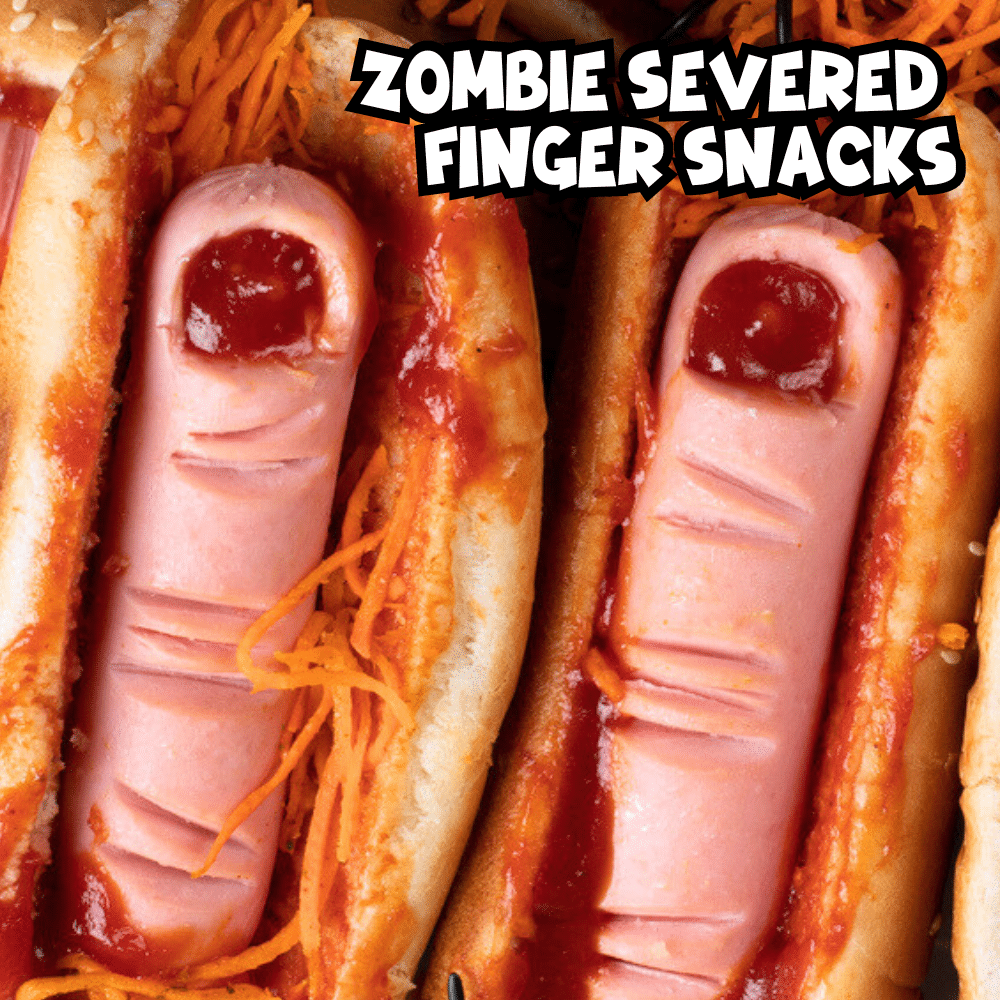 Zombie Themed Party Appetizers For Creepy Party Foods Zombie Themed Party Appetizers For Creepy Party Foods - hotdogs that look like severed finger snacks with "blood" are creepy foods or horror snacks for zombie game night or zombie parties. Great for game night party foods, party food ideas for kids, teen party foods, or spooky food for a mystery dinner party