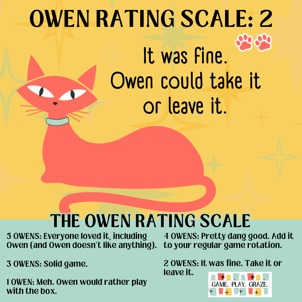 UNO NO MERCY REVIEW Game Play Graze Owen Game Rating 2 - 2 stars game rating with Owen the orange cartoon cat in the corner